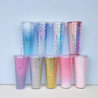 물 흐르는 방법 창조적인 빨대 머그 플라스틱 이중층 플래시 분홍색 생선 스케일 컵