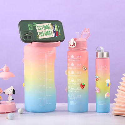 유니섹스 3 in 1 동기 부여 시간 표시기 그라디언트 컬러 물병 세트 2000ml 900ml 500ml