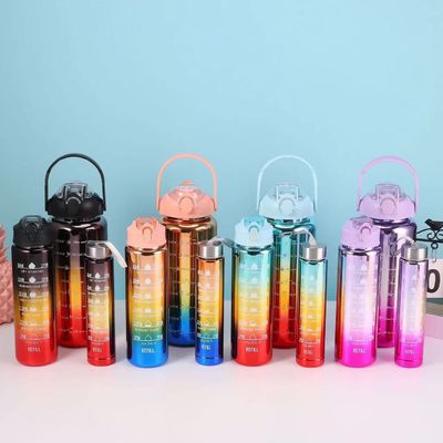 유니섹스 3 in 1 동기 부여 시간 표시기 그라디언트 컬러 물병 세트 2000ml 900ml 500ml
