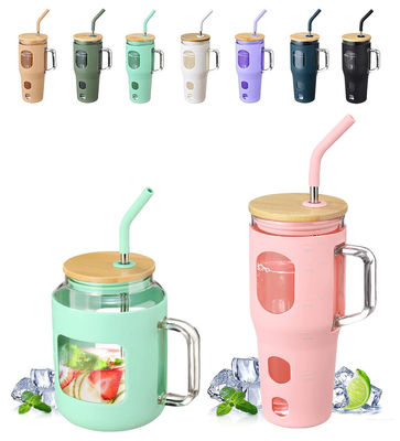 사용자 지정 로고 재사용 유리 텀블러 32oz 대나무 뚜?? 손잡이와 실리콘 수갑