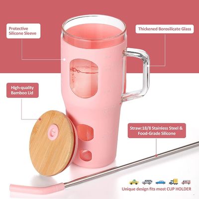 사용자 지정 로고 재사용 유리 텀블러 32oz 대나무 뚜?? 손잡이와 실리콘 수갑