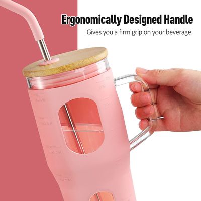 사용자 지정 로고 재사용 유리 텀블러 32oz 대나무 뚜?? 손잡이와 실리콘 수갑