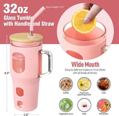 사용자 지정 로고 재사용 유리 텀블러 32oz 대나무 뚜?? 손잡이와 실리콘 수갑