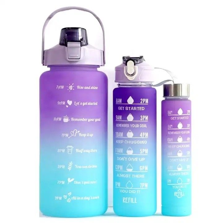 유니섹스 3 in 1 동기 부여 시간 표시기 그라디언트 컬러 물병 세트 2000ml 900ml 500ml